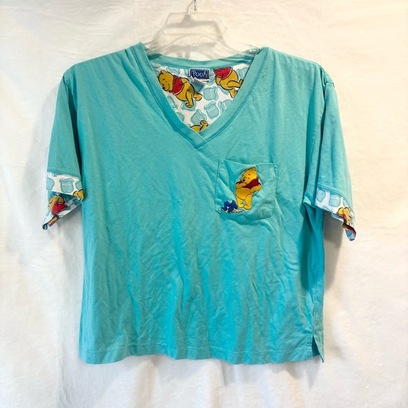 Vintage Disney Winnie the Pooh V-Neck Shirt L – Teal Blue Honey Pot Trim - Picture 1 of 4